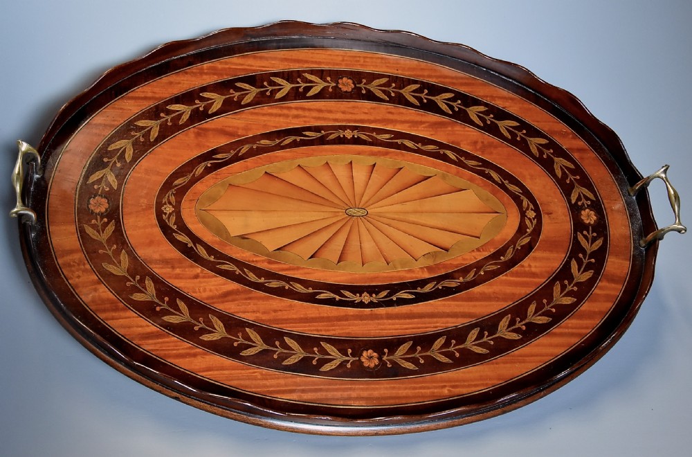 Fine quality Edwardian oval inlaid marquetry tray View III