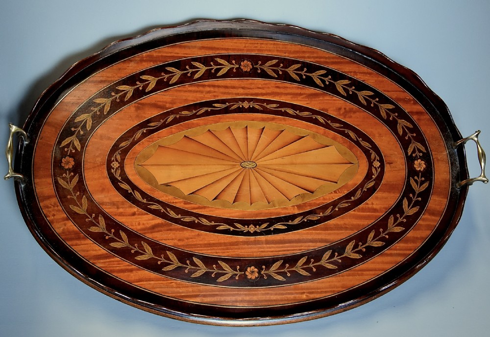 Fine quality Edwardian oval inlaid marquetry tray View II