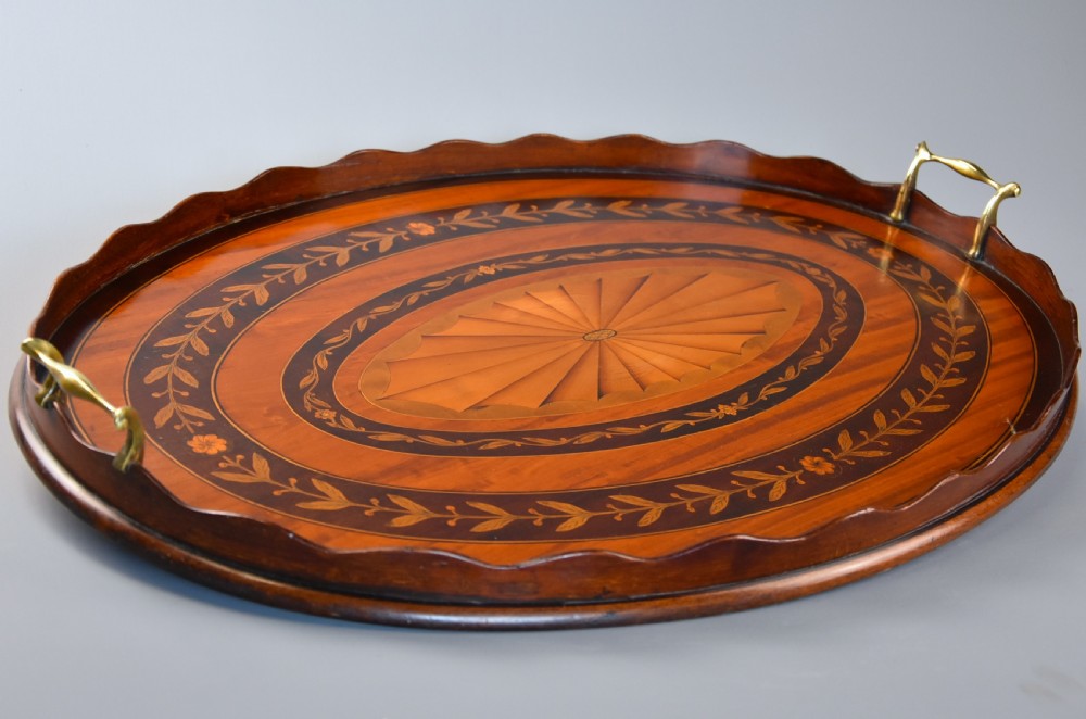 Fine quality Edwardian oval inlaid marquetry tray