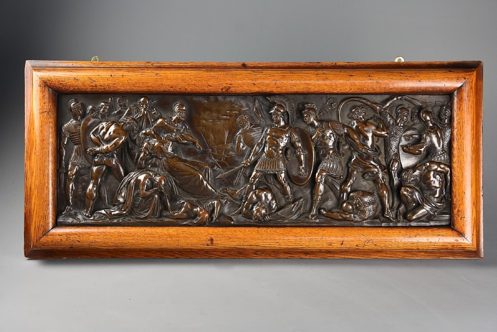 Late 19th century fine quality framed bronzed plaque of a Classical battle scene, with ‘Elkington’ makers mark
