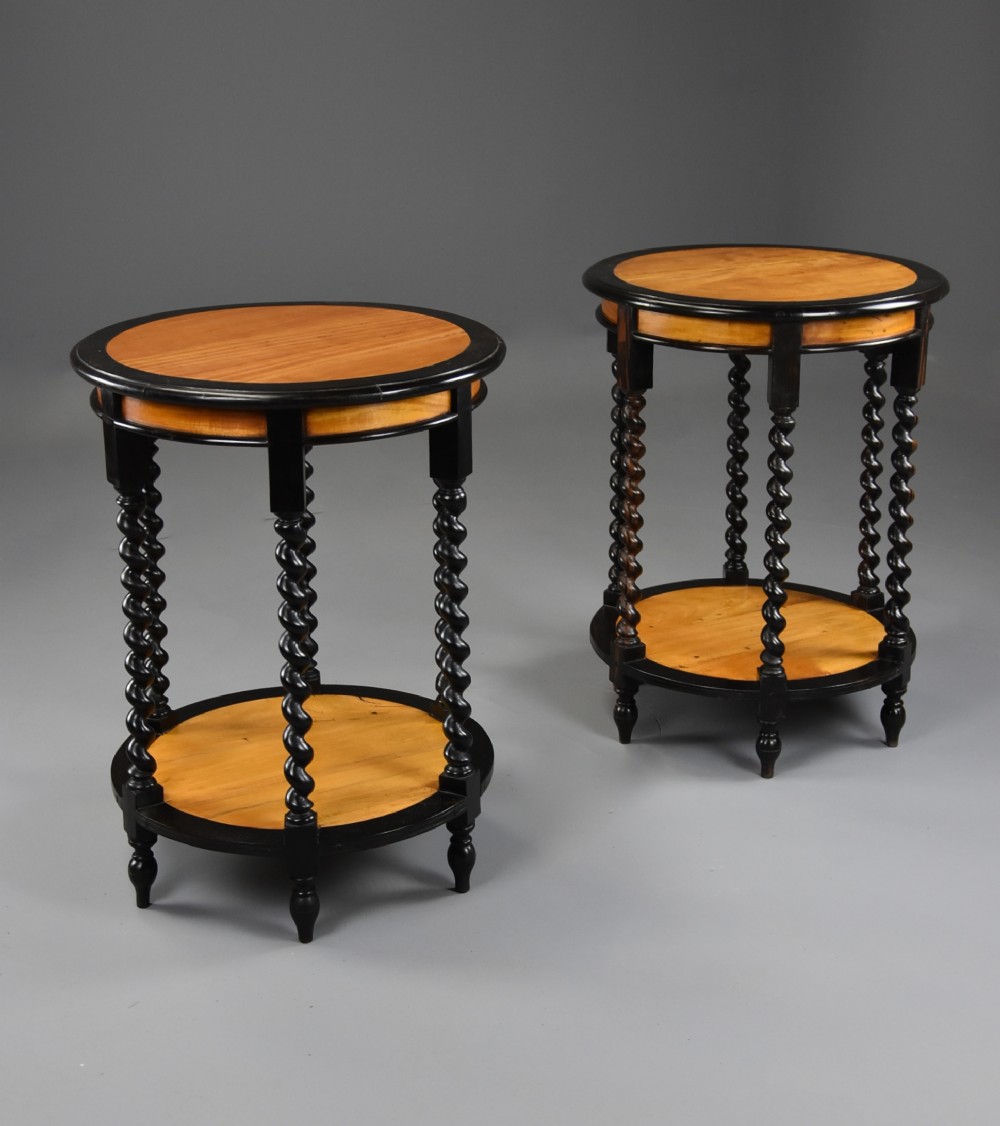 Highly decorative pair of late 19th century Ceylonese satinwood & ebony occasional tables