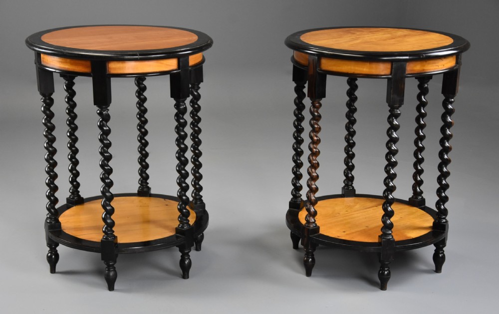Highly decorative pair of late 19th century Ceylonese satinwood & ebony occasional tables View II