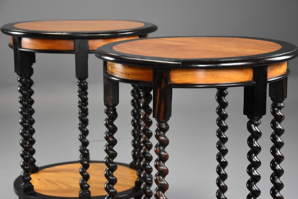 Highly decorative pair of late 19th century Ceylonese satinwood & ebony occasional tables View VIII
