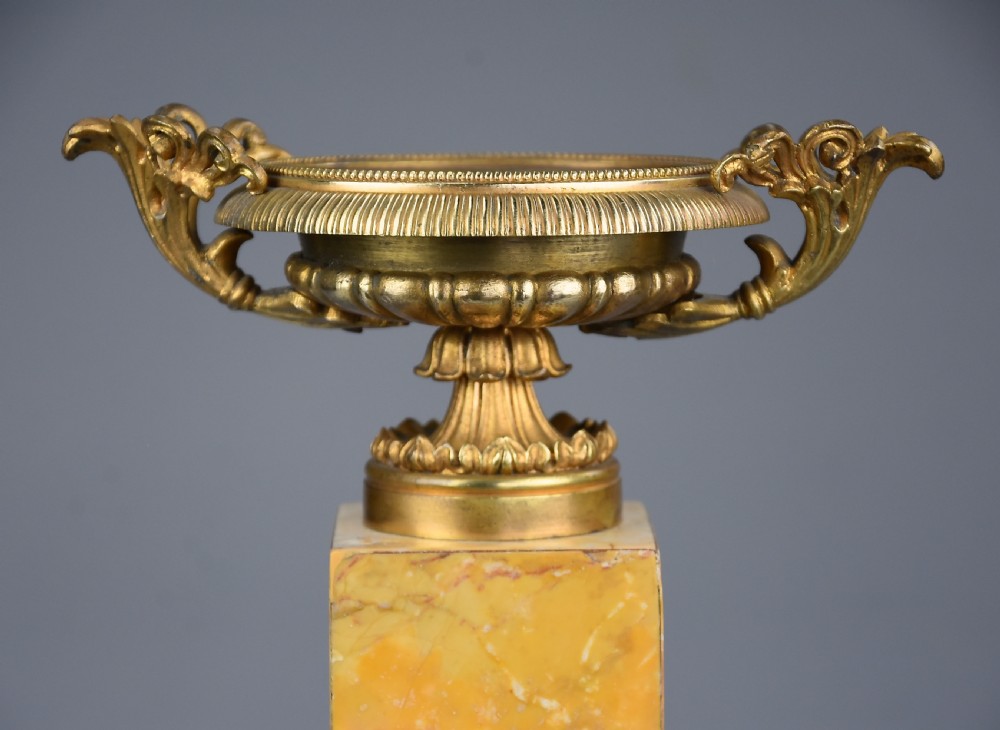 Pair of French highly decorative early 20thc gilt metal tazzas on marble bases in the Neoclassical style View V