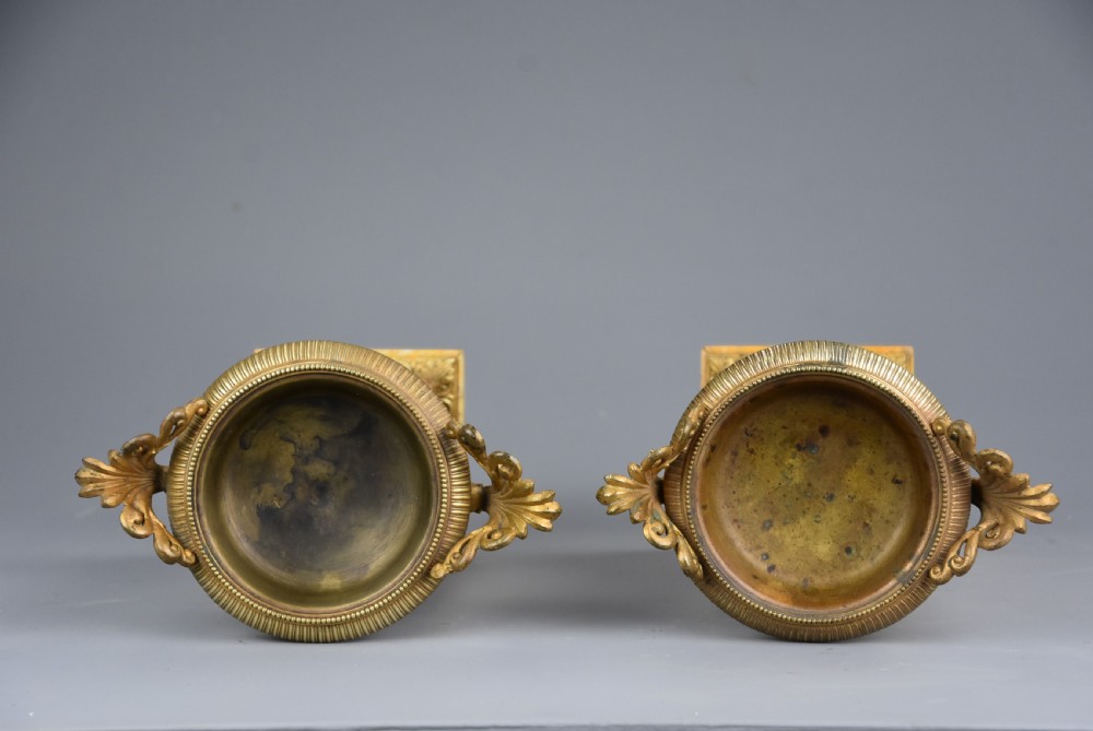 Pair of French highly decorative early 20thc gilt metal tazzas on marble bases in the Neoclassical style View VIII