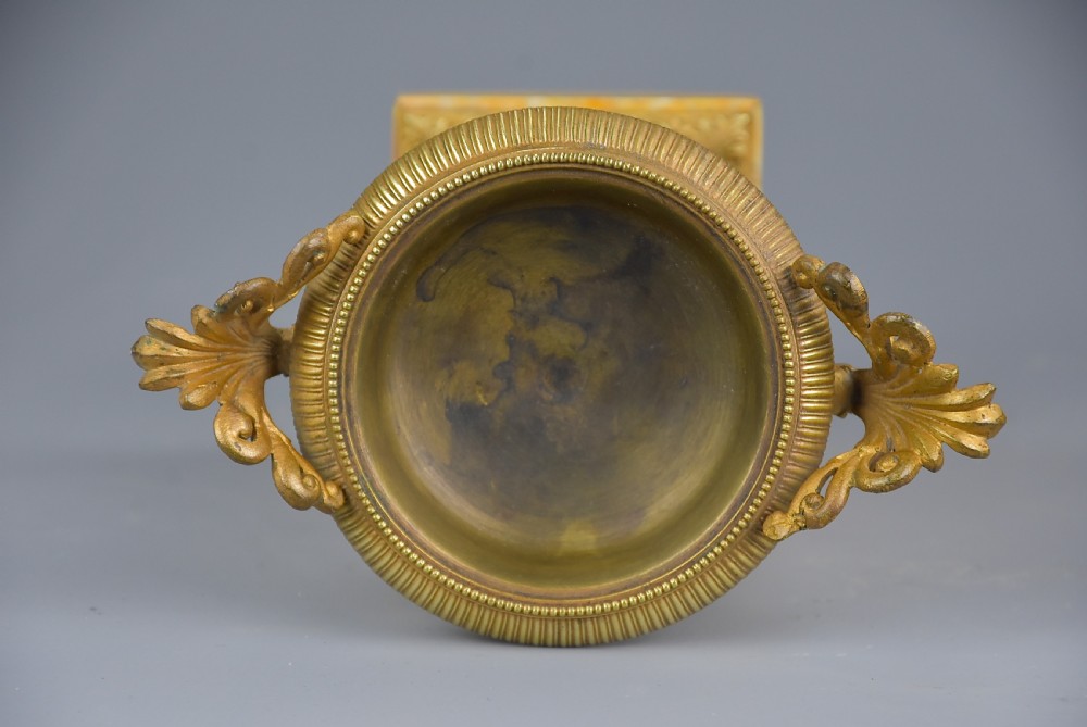 Pair of French highly decorative early 20thc gilt metal tazzas on marble bases in the Neoclassical style View IX