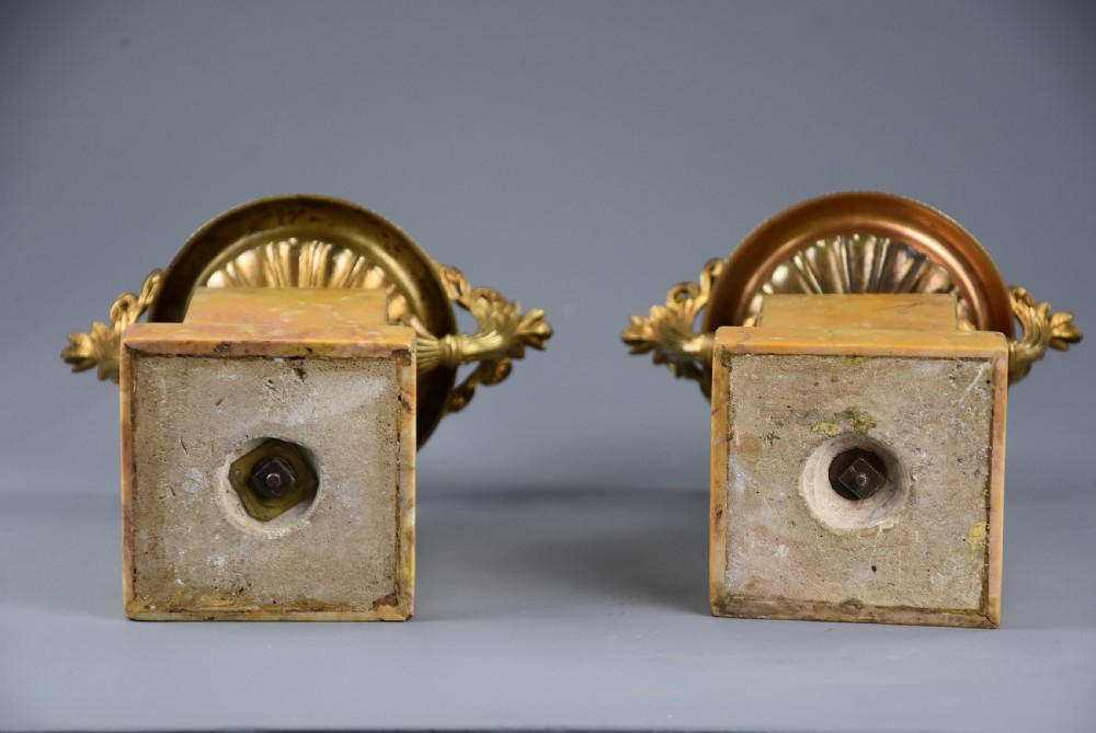 Pair of French highly decorative early 20thc gilt metal tazzas on marble bases in the Neoclassical style View X