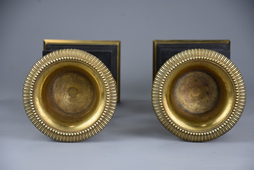 Highly decorative pair of French late 19thc brass campana urns on slate bases View X