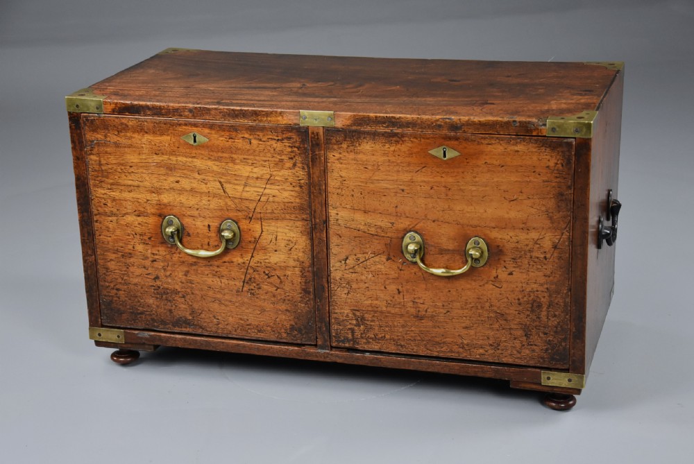 Mid 19thc camphor wood Campaign two drawer chest of superb patina View II