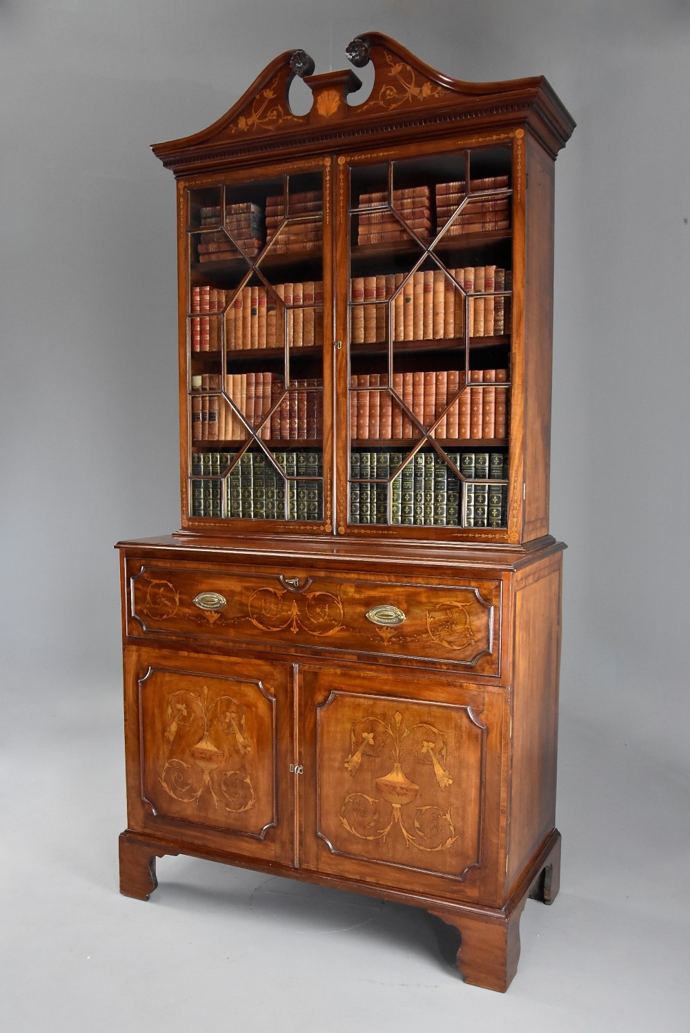 Fine quality Sheraton period mahogany secretaire bookcase with inlaid decoration
