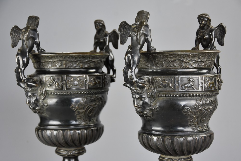 Pair of late 19thc bronze urns after a design of a pair of urns at The Palace of Versailles  View VIII