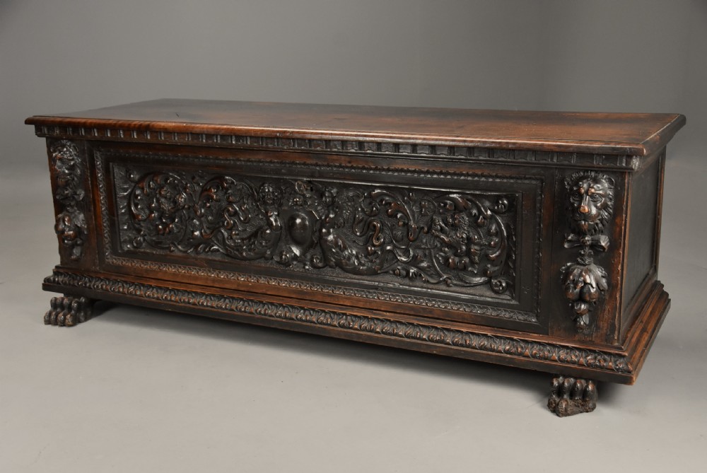 Late 16th century Italian carved walnut cassone (marriage chest) of fine patina