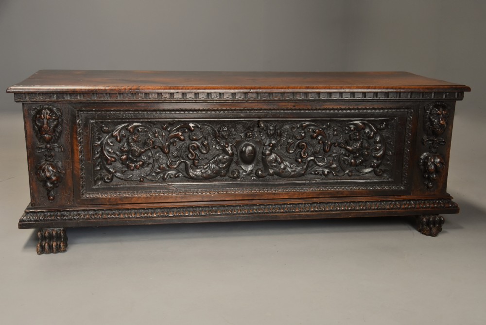 Late 16th century Italian carved walnut cassone (marriage chest) of fine patina View II