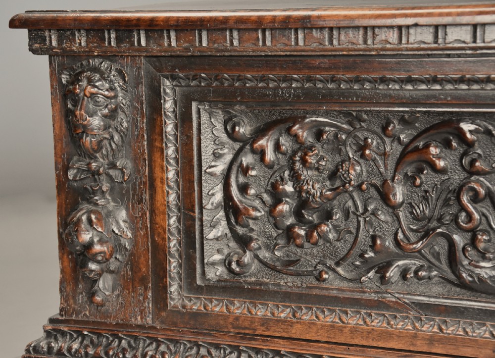 Late 16th century Italian carved walnut cassone (marriage chest) of fine patina View VI