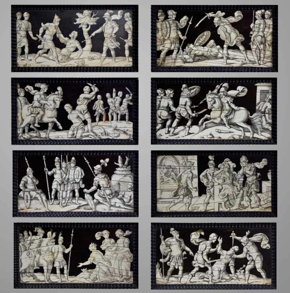 Set of eight Italian 17thc ebony and ivory engraved panels, possibly Neapolitan