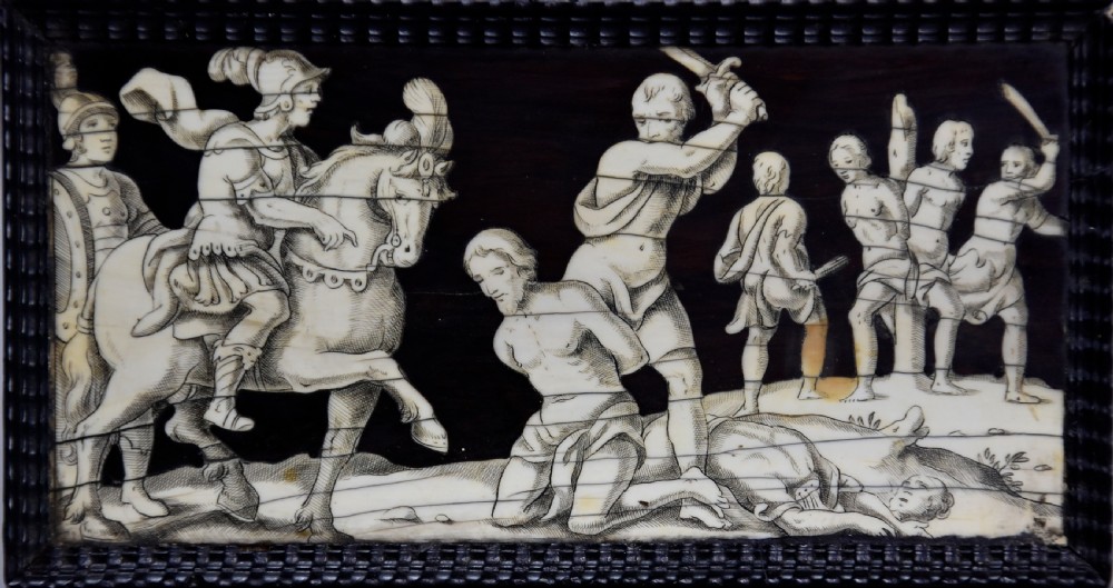 Set of eight Italian 17thc ebony and ivory engraved panels, possibly Neapolitan View III