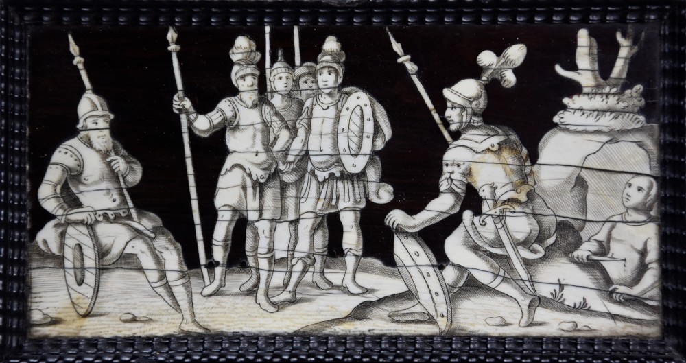 Set of eight Italian 17thc ebony and ivory engraved panels, possibly Neapolitan View IV