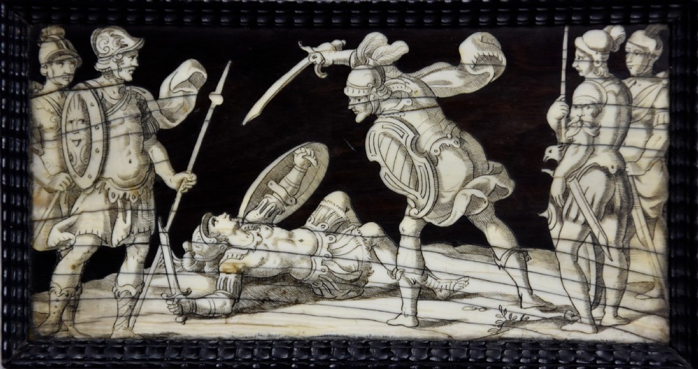 Set of eight Italian 17thc ebony and ivory engraved panels, possibly Neapolitan View VI