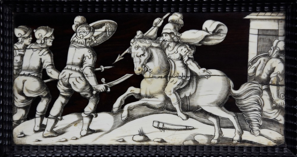 Set of eight Italian 17thc ebony and ivory engraved panels, possibly Neapolitan View VII
