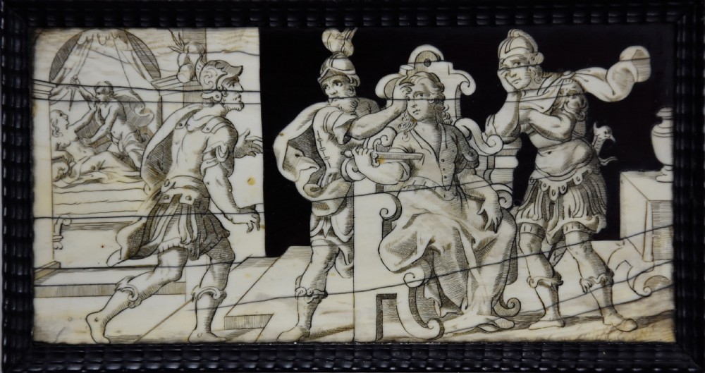 Set of eight Italian 17thc ebony and ivory engraved panels, possibly Neapolitan View VIII