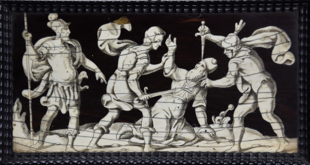Set of eight Italian 17thc ebony and ivory engraved panels, possibly Neapolitan View IX