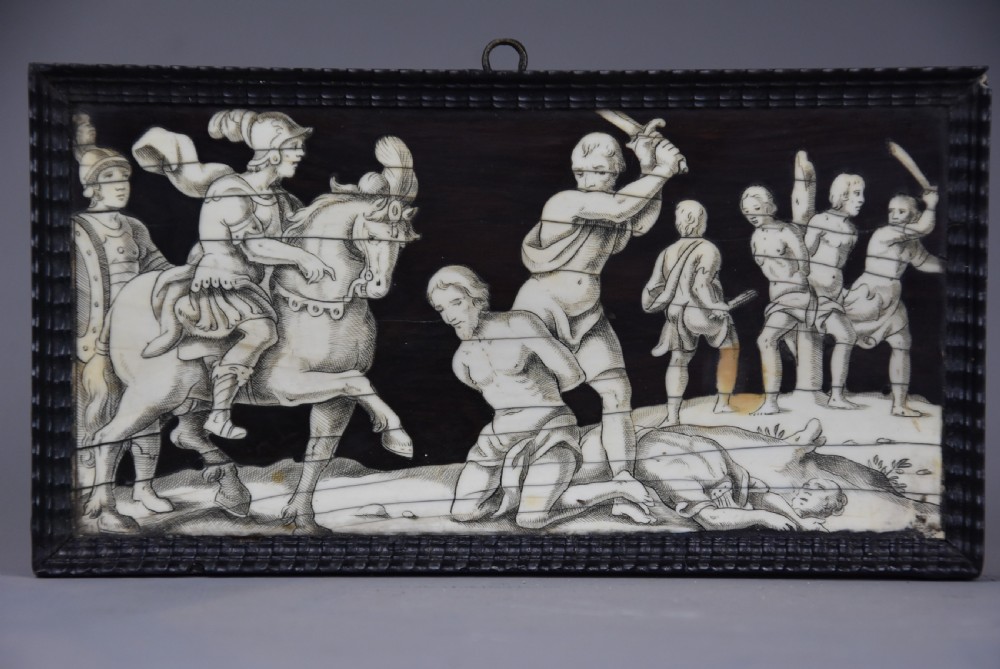 Set of eight Italian 17thc ebony and ivory engraved panels, possibly Neapolitan View X