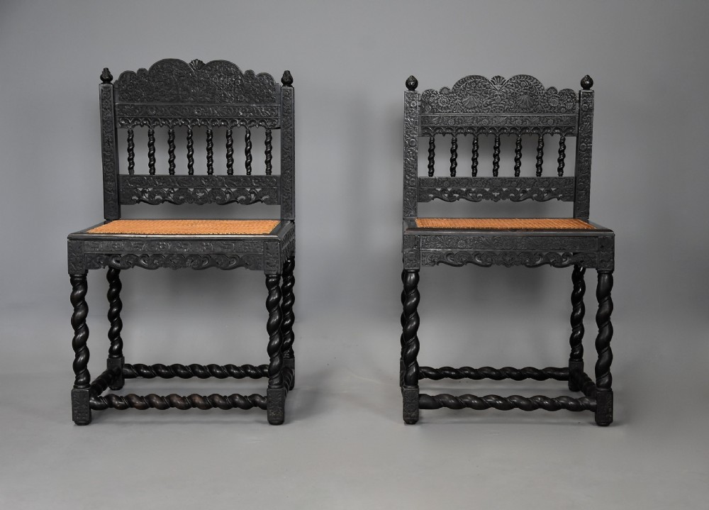 Superb quality matched pair of mid 17thc solid ebony carved chairs from The Coromandel Coast, India View II
