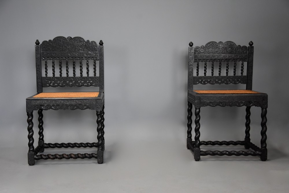 Superb quality matched pair of mid 17thc solid ebony carved chairs from The Coromandel Coast, India View IV