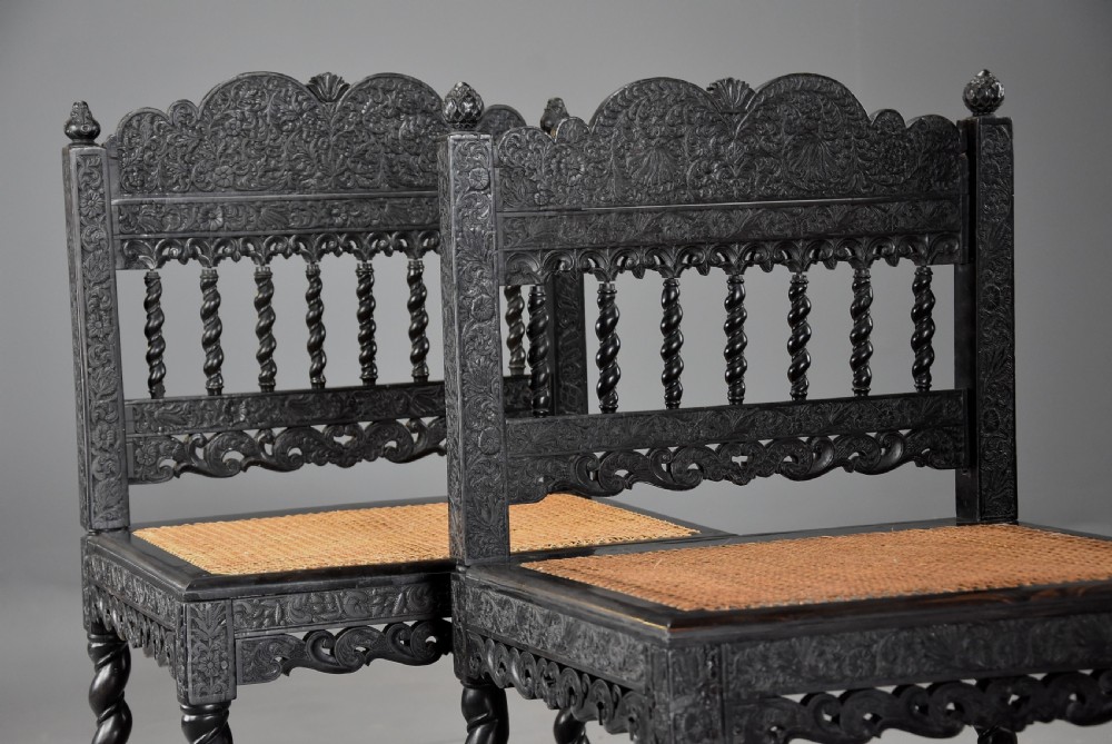Superb quality matched pair of mid 17thc solid ebony carved chairs from The Coromandel Coast, India View V