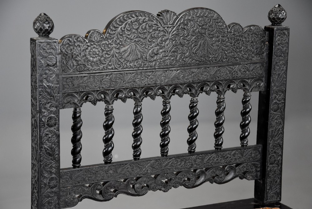 Superb quality matched pair of mid 17thc solid ebony carved chairs from The Coromandel Coast, India View VII