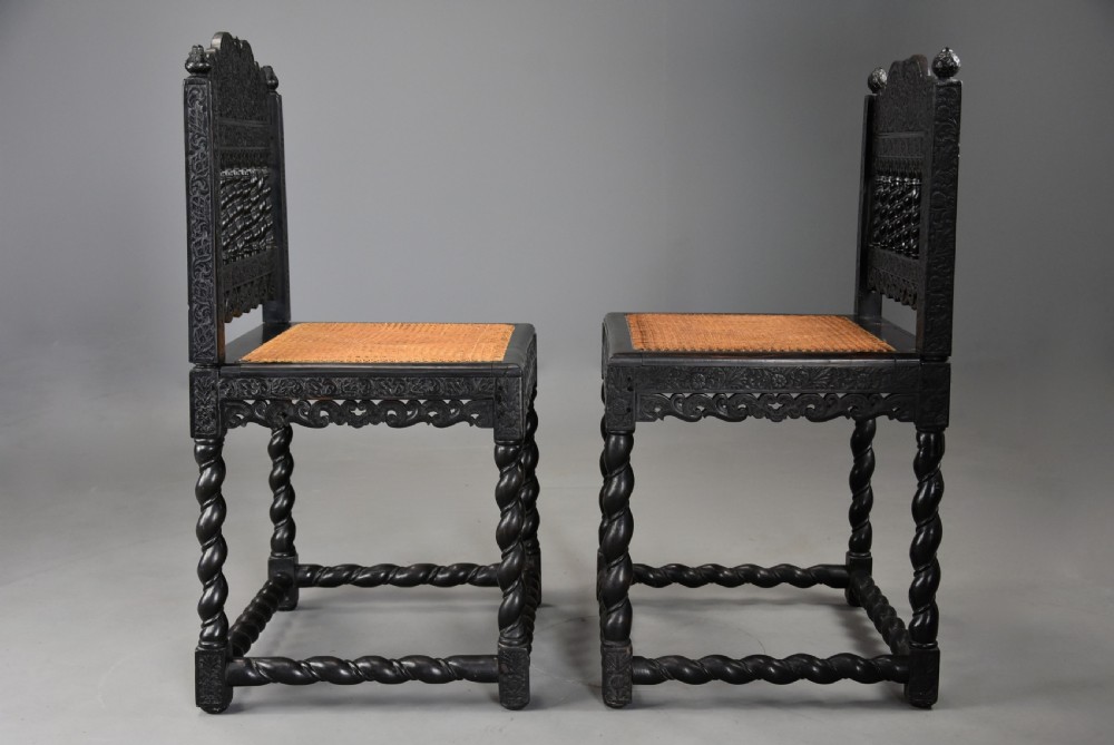 Superb quality matched pair of mid 17thc solid ebony carved chairs from The Coromandel Coast, India View IX