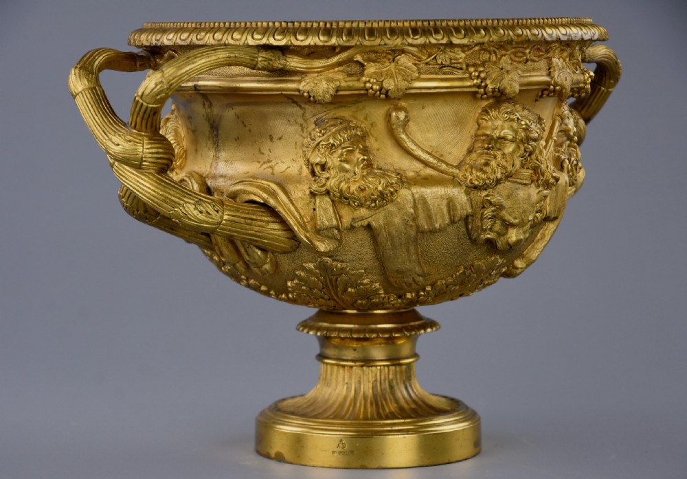 Fine quality 19thc  Grand Tour gilt bronze reduction of 'The Warwick Vase', after the antique, stamped ‘A.D Delafontaine’ View VI