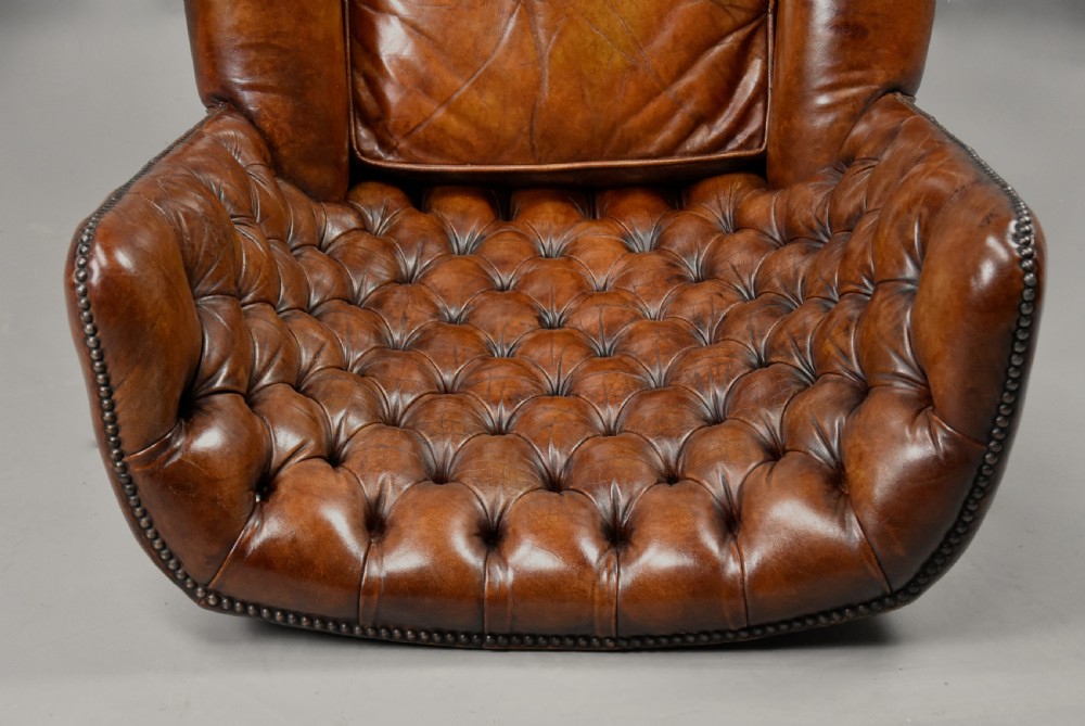 Edwardian deep button brown leather hall porter's chair in the Georgian style View XII