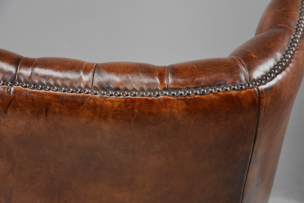 Edwardian deep button brown leather hall porter's chair in the Georgian style View XIV