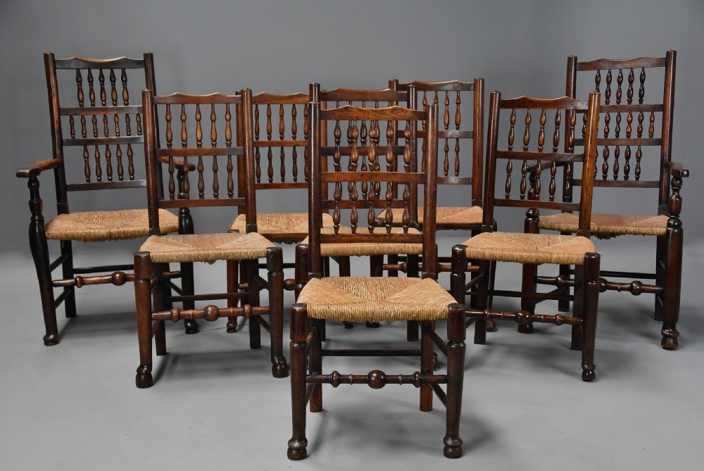 Matched set of eight mid 19thc ash, elm and sycamore spindle back chairs of super patina