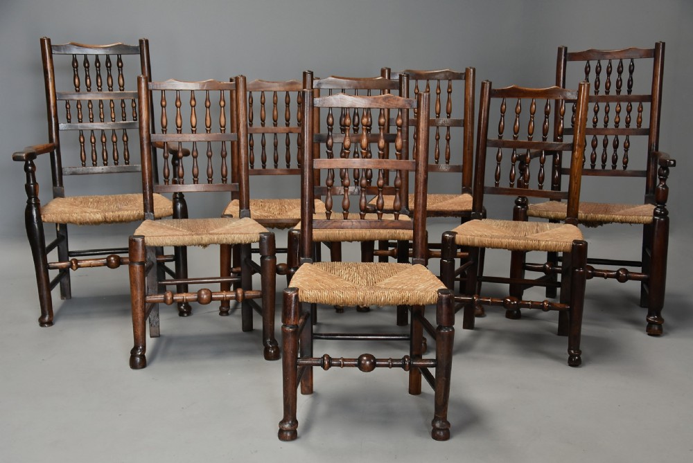 Matched set of eight mid 19thc ash, elm and sycamore spindle back chairs of super patina View III