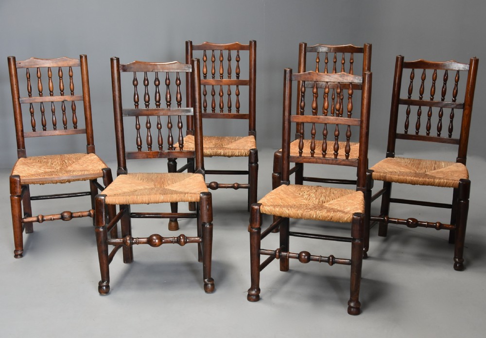 Matched set of eight mid 19thc ash, elm and sycamore spindle back chairs of super patina View VII