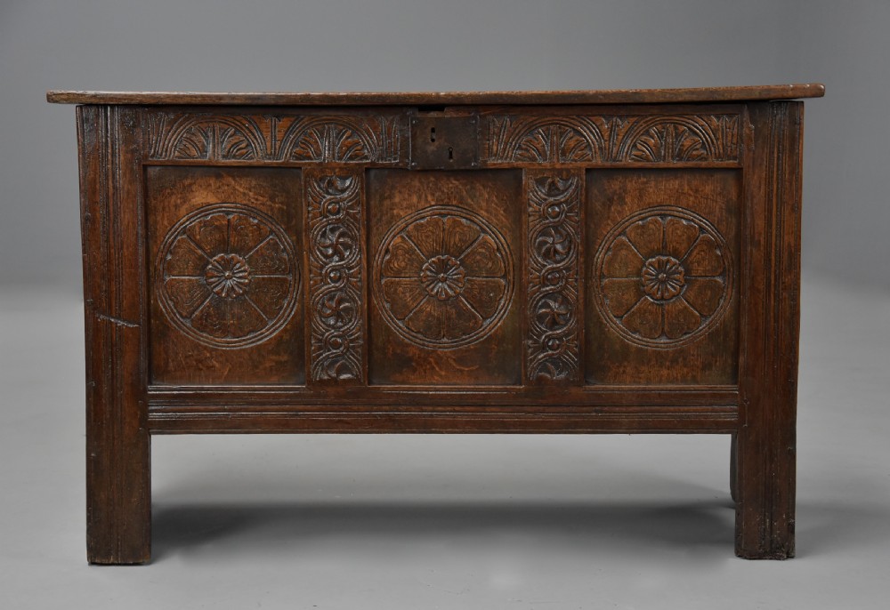 Mid 17th century joined and carved oak coffer of good proportions and fine original patina