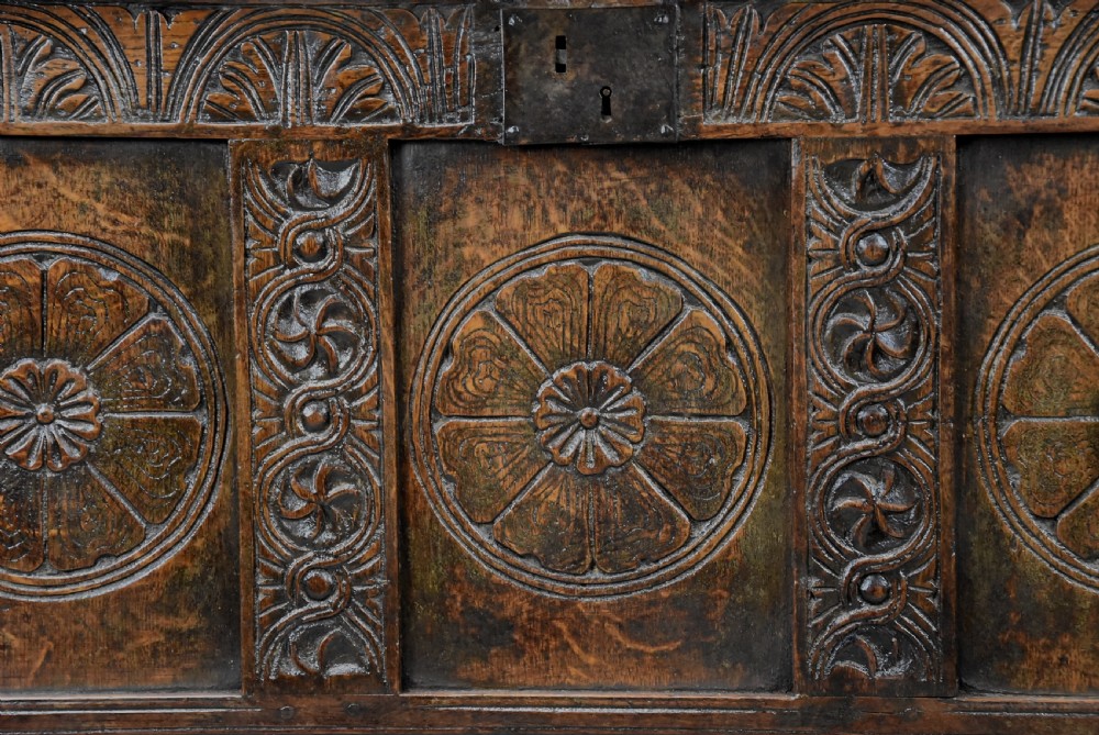 Mid 17th century joined and carved oak coffer of good proportions and fine original patina View III