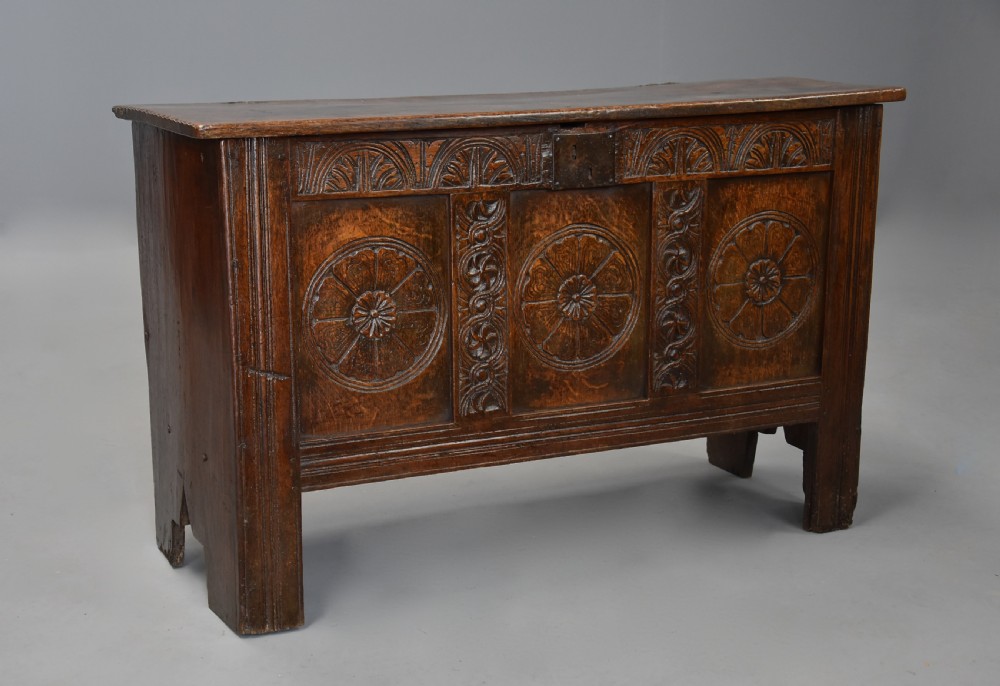 Mid 17th century joined and carved oak coffer of good proportions and fine original patina View IV