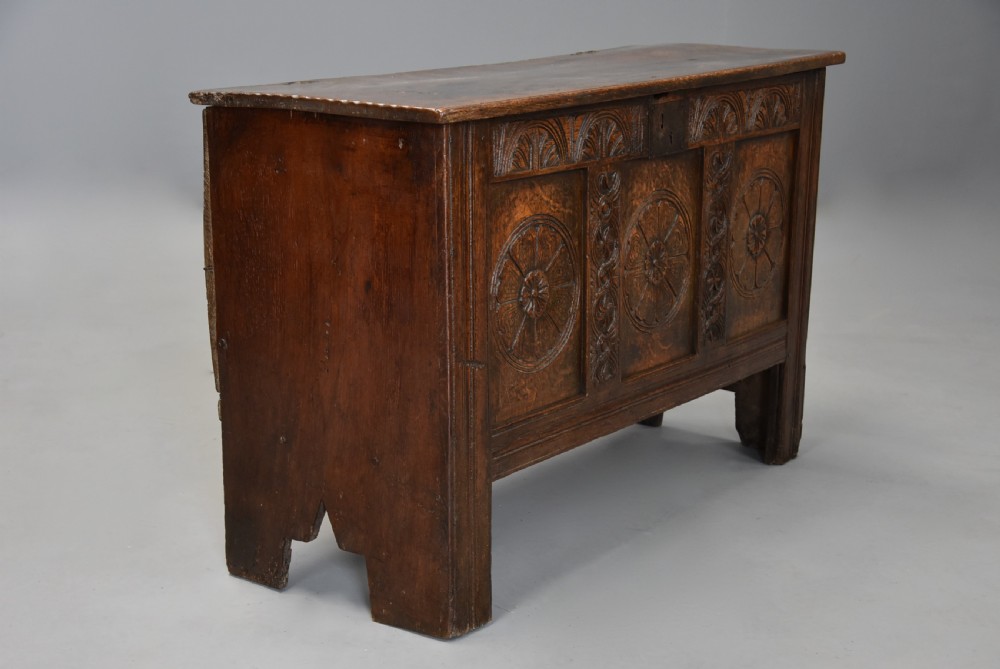 Mid 17th century joined and carved oak coffer of good proportions and fine original patina View V