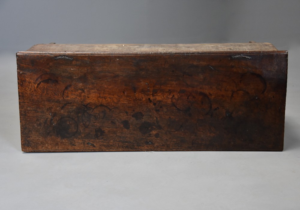 Mid 17th century joined and carved oak coffer of good proportions and fine original patina View VI