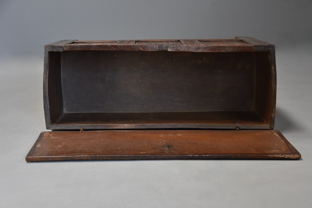 Mid 17th century joined and carved oak coffer of good proportions and fine original patina View IX