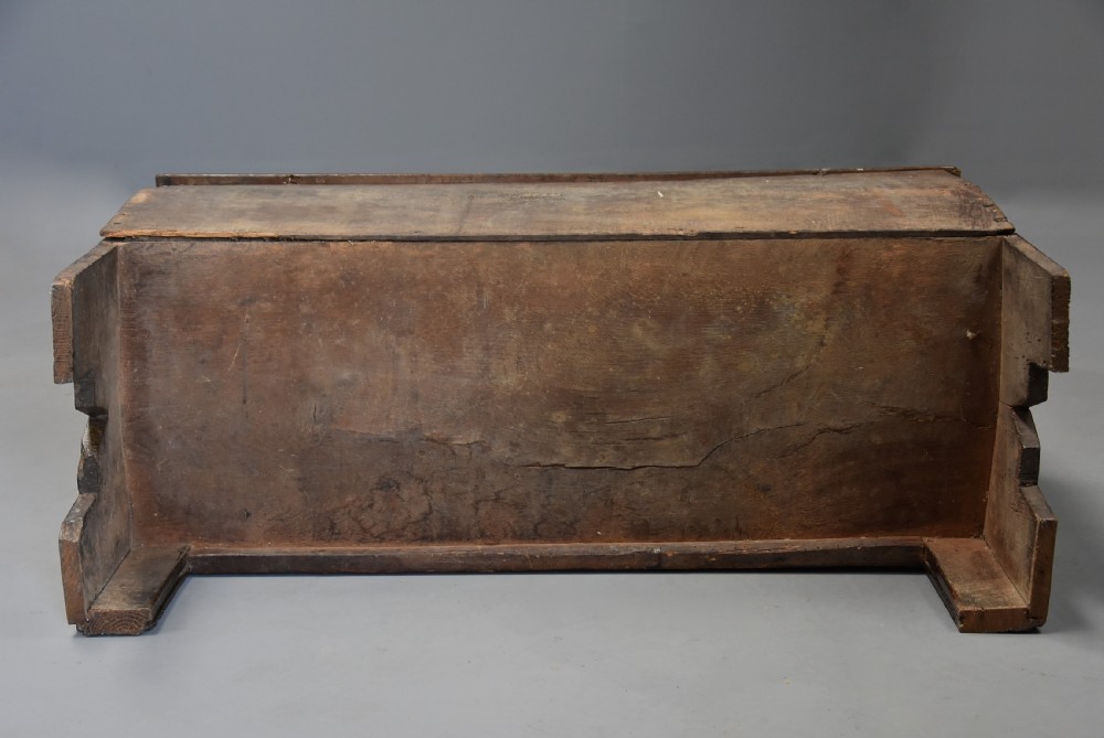 Mid 17th century joined and carved oak coffer of good proportions and fine original patina View XII