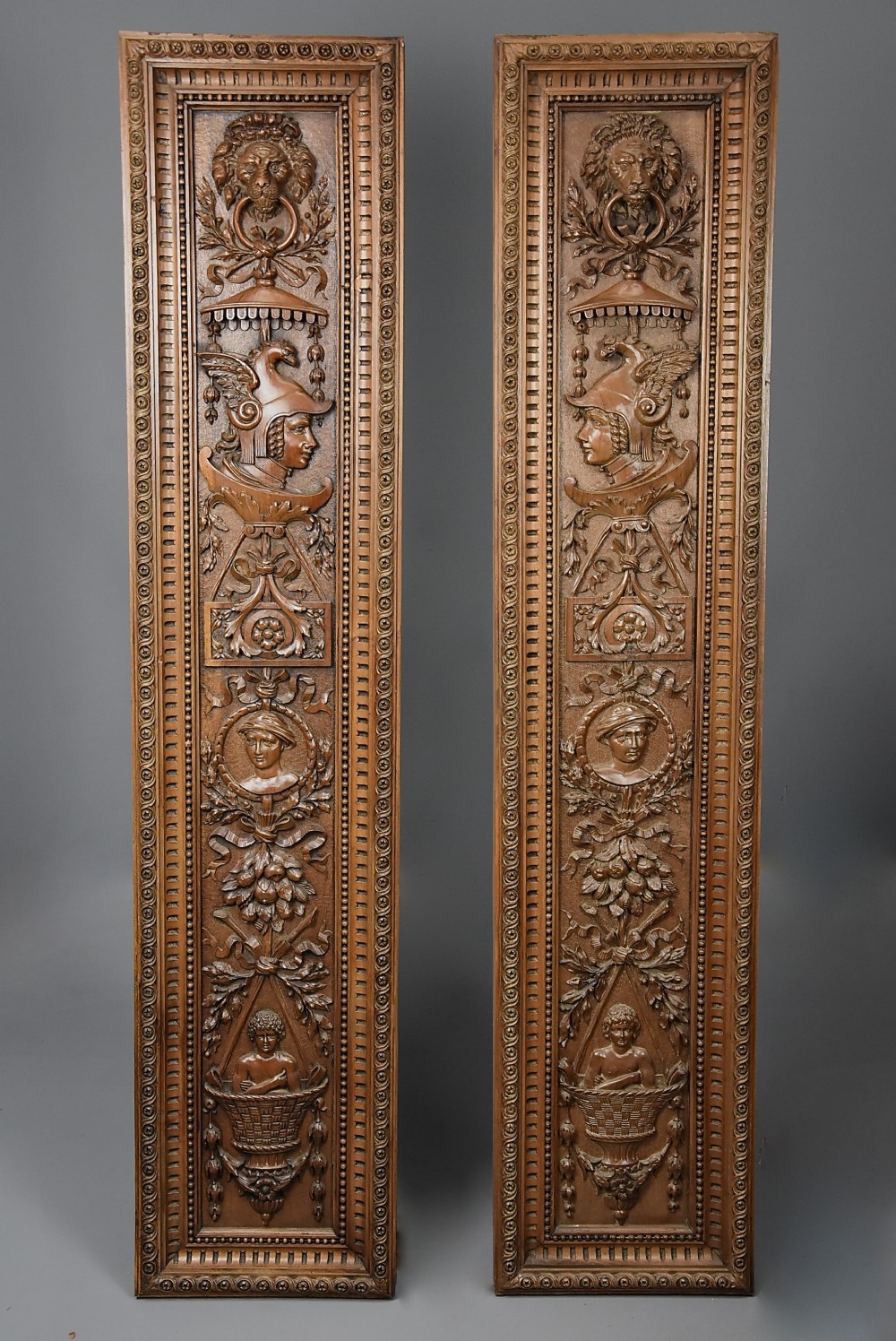 Superb pair of large French late 19th century carved walnut panels within carved frames