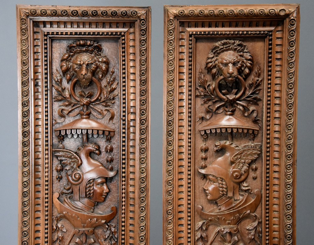 Superb pair of large French late 19th century carved walnut panels within carved frames View III