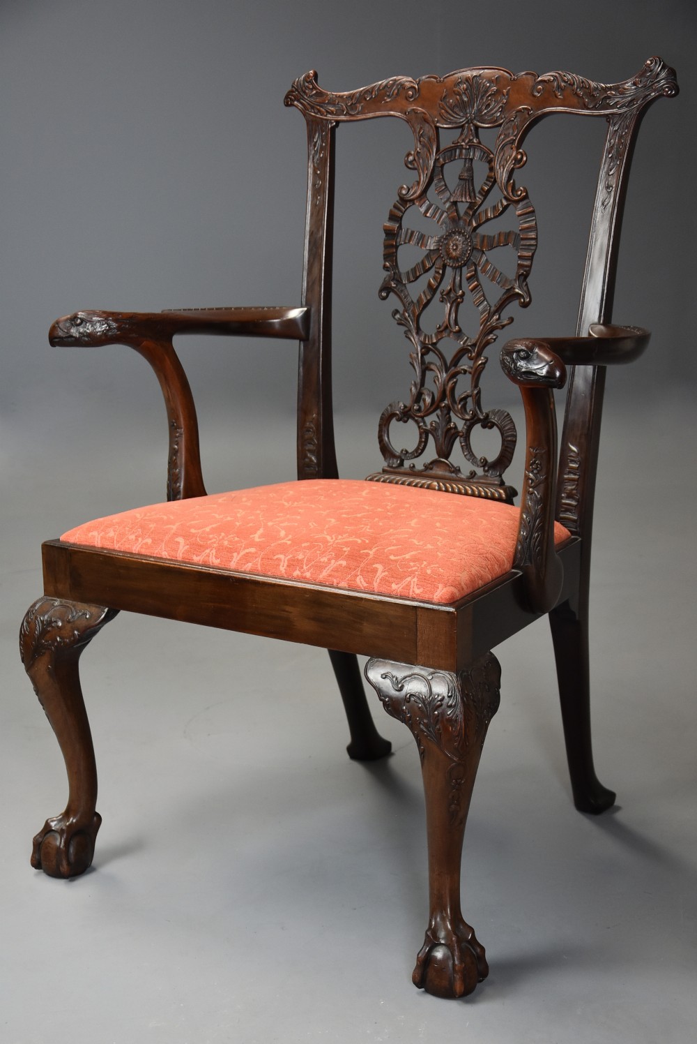 Superb quality early 20thc mahogany open armchair in the Chippendale style