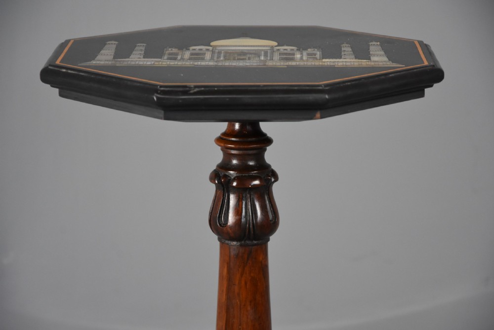 19th century rosewood table with octagonal polished slate top with inlaid Taj Mahal design View IV