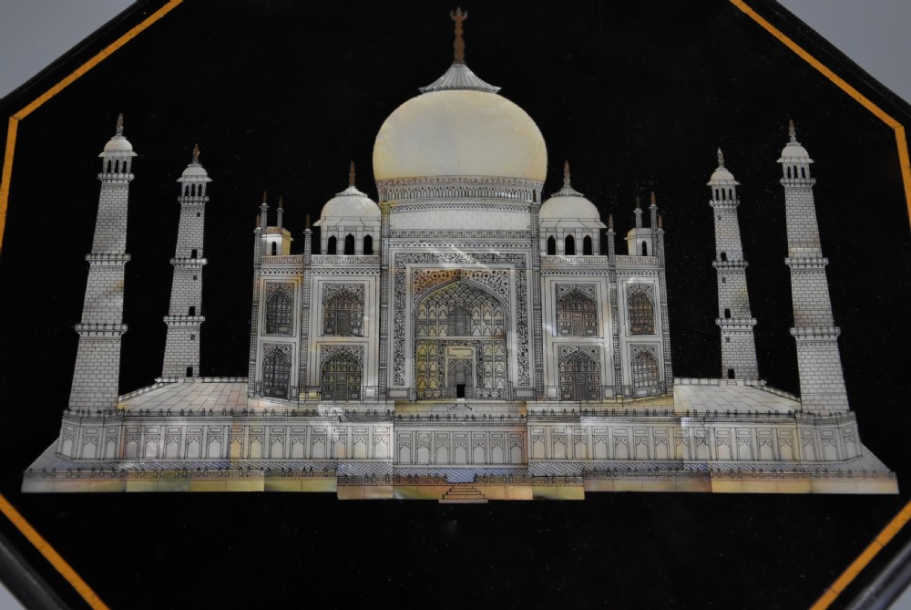 19th century rosewood table with octagonal polished slate top with inlaid Taj Mahal design View VI