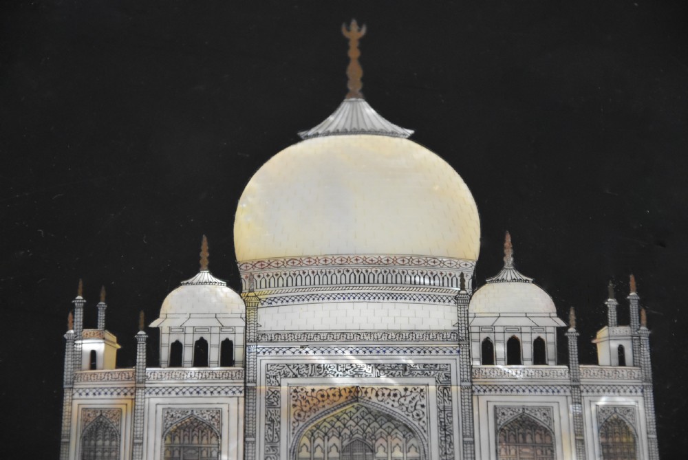19th century rosewood table with octagonal polished slate top with inlaid Taj Mahal design View VII